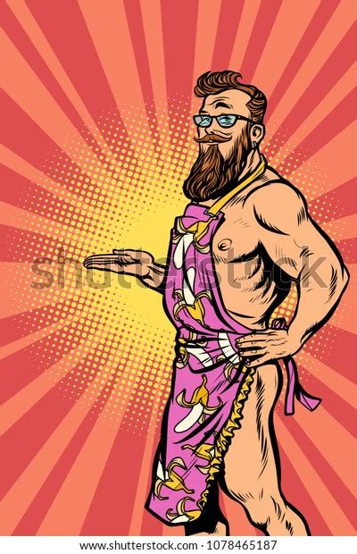 Naked Male Hipster Waiter Comic Cartoon Vetor Stock Livre De Direitos