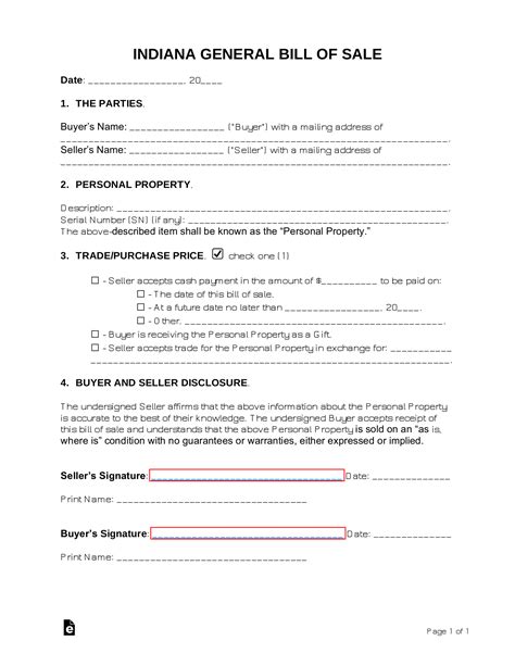 Free Indiana Bill Of Sale Forms PDF EForms