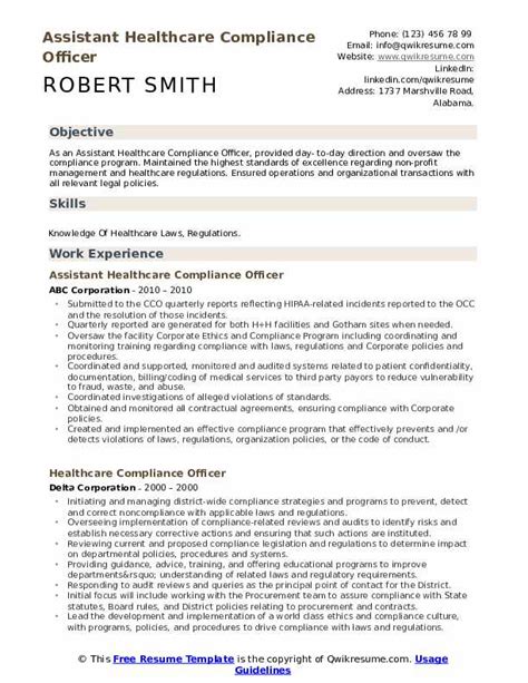 Healthcare Compliance Officer Resume Samples Qwikresume