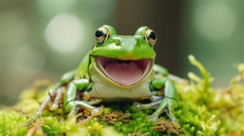 La rana que se desliza parece reírse del musgo La rana que vuela se ríe