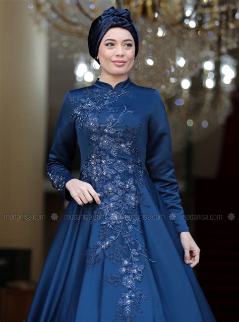 Navy Blue Fully Lined Crew Neck Muslim Evening Dress