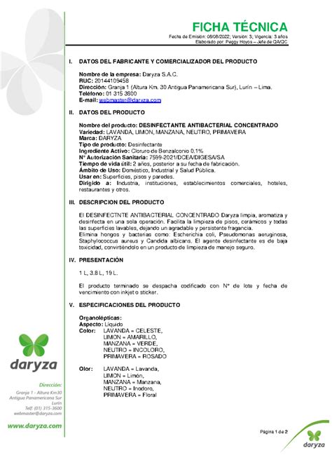 Ficha Tecnica Desinfectante Antibacterial Concentrado Con Aroma Daryza