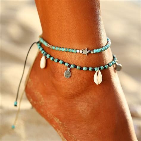 Genuine Seashell And Turquoise Beaded Anklet Set Etsy