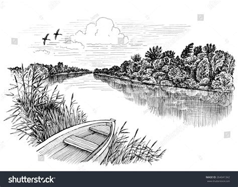 Summer Riverbank Landscape Ink Drawing Stock Photo 264041342