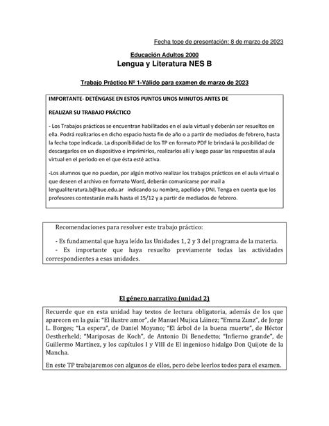 Lengua Y Literatura B Tp Fecha Tope De Presentaci N De Marzo De