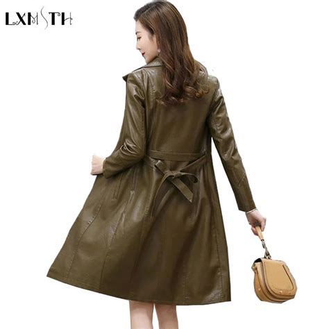 Lxmsth Spring Autumn Slim Long Leather Coat Women With Belt Plus Size