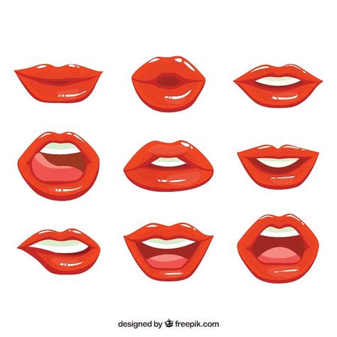 Colección de labios rojos con diseño plano Vector Premium