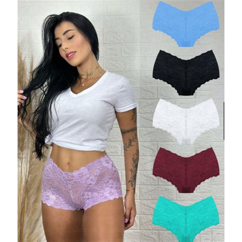 Kit Calcinha Renda Caleçon 5 Peças Calesson Luxo Lingerie Tanga