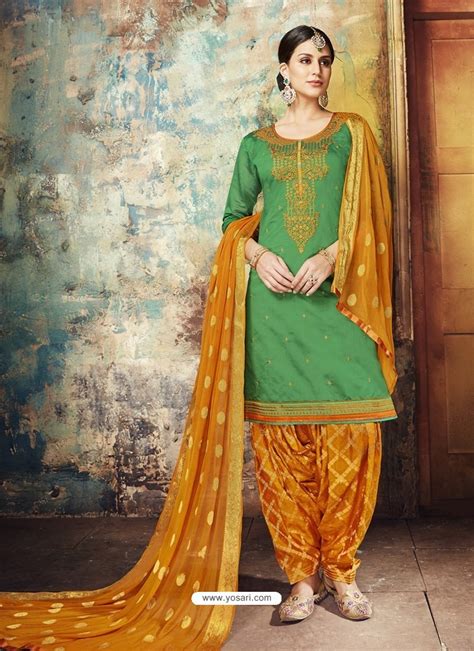 Buy Forest Green Embroidered Chanderi Silk Designer Patiala Salwar Suit