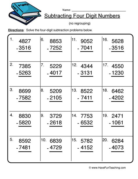 Four Digit Subtraction No Regrouping Worksheet Artofit