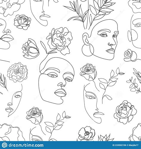 Vector Seamless Pattern Continuous Line Art With Woman Face Flowers