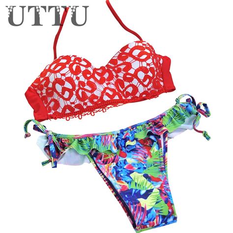 Uttu Brand Bikinis Women Sexy Halter Bandage Push Up Bikini Set Lace