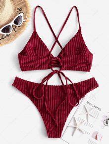 Zaful Velvet Ribbed Lace Up Bikini Set In Firebrick Zaful