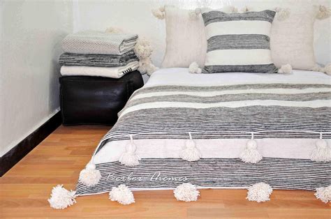 Moroccan Wool Pom Poms Blankets Handwoven On Traditional Wooden Looms