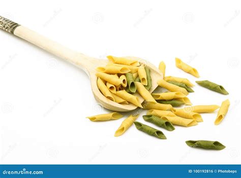 Wood Spoon With Italian Pasta On White Background Stock Photo Image