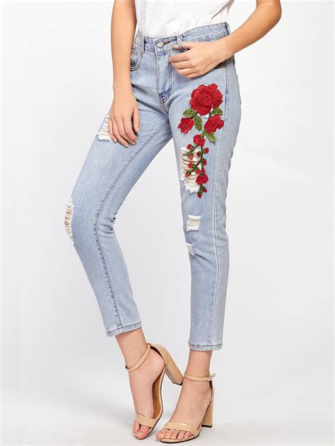 Rose Applique Ripped Jeans Embellished Jeans Applique Jeans Ripped