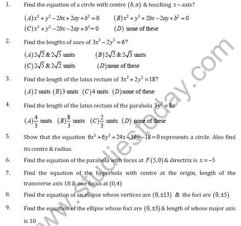 Cbse Class 11 Conic Section Worksheet B