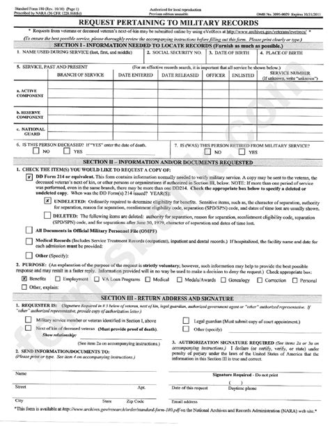 Standard Form 180 Request Pertaining To Military Records Printable Pdf Download