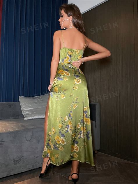 Shein Allurite Floral Print Knot Front Split Thigh Satin Cami Dress