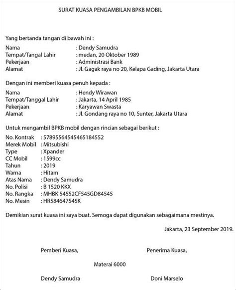 Contoh Surat Kuasa Pengambilan BPKB Mobil Di Leasing Atau Kantor