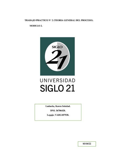 Tp2 Procesal Karen Ludueña Trabajo Practico N° 2 Teoria General Del