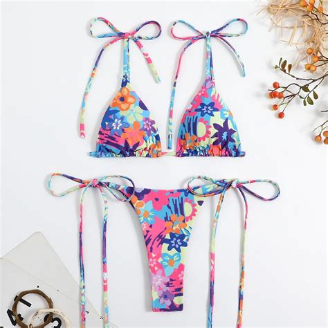 Sentaili Womens Lingerie Flower Print Bikini Set Swimwear Thong Bikini Beach Wear Bathing Suit