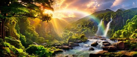 Idyllic Tropical Waterfall In Lush Green Forest With Rainbow Stock