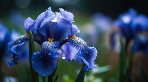 Beautiful Image Of Blue Iris Flowers With Dew Droplets Background A