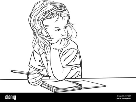 Pensive Child Girl With Chin On Hand Writing In Note Book Vector