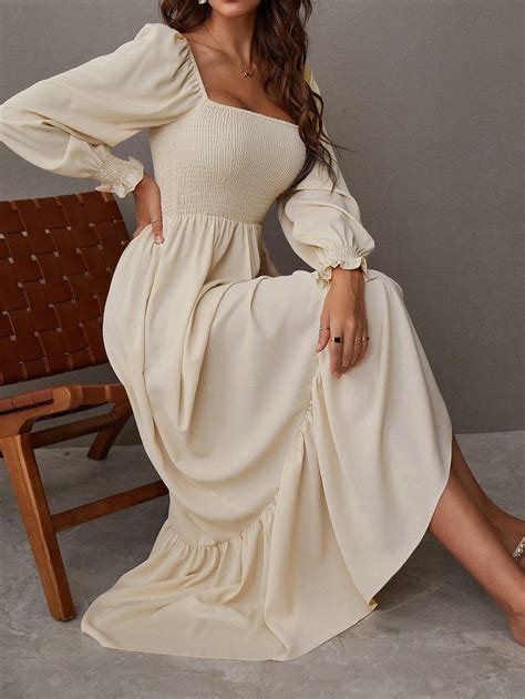 Shein Usa Long Sleeve Collared Dress Ruffle Hem Dress Maxi Dress