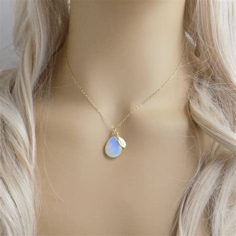 October Birthstone Opalite Necklace Gold Personalized Opal With Init