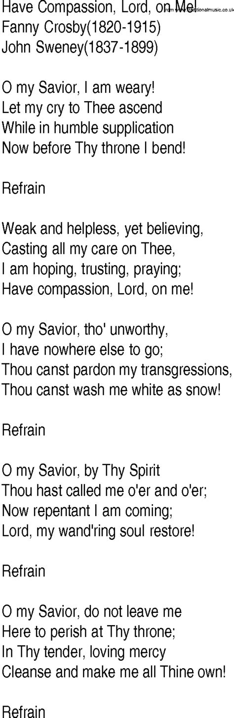 Hymn And Gospel Song Lyrics For Have Compassion Lord On Me By Fanny Crosby