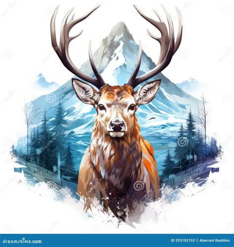 A Painting Of A Deer With Large Antlers In Front Of Mountains Stock