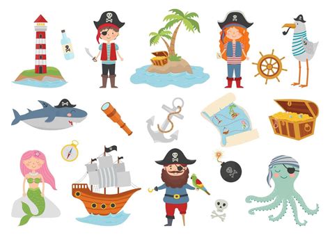 Pirate Cartoon Character Set Flat Style Pirate Treasure Island