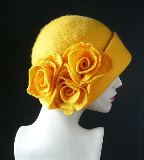Yellow Felt Hatyellow Felted Hatcloche Hat 1920 Hatart Hat Cloche