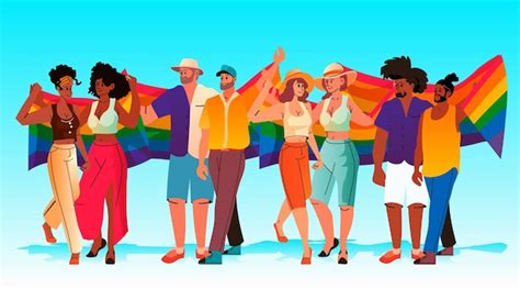 Premium Vector Mix Race Gays And Lesbians Holding Lgbt Rainbow Flag