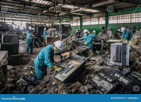 E Waste Recycling Facility With Workers Sorting And Dismantling Old