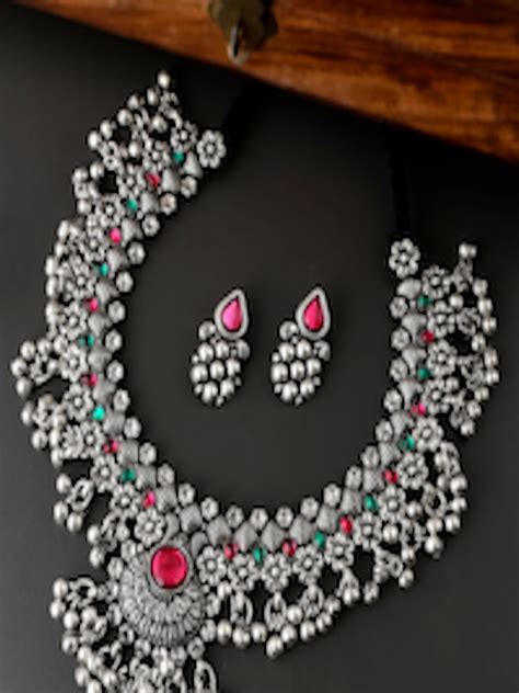 Buy Aquastreet Jewels Oxidised Silver Plated Pink Crystal Studded