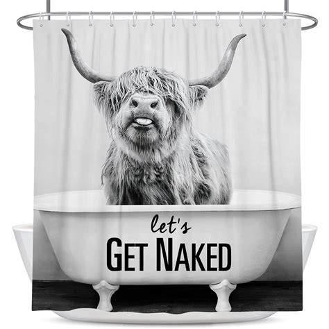 Coxila Get Naked Highland Cow Shower Curtain 60 X 72 Inch 12 Pack Plastic Hooks 60Wx72L Funny