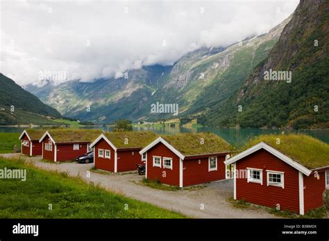 Campground cottages with grass roofs Fjaerland Norway, Scandinavia ...