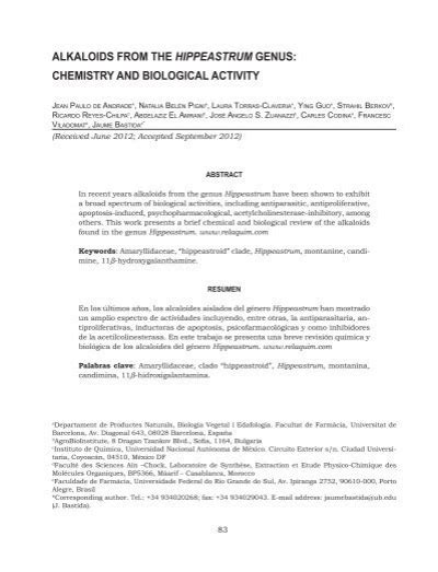 Alkaloids From The Hippeastrum Genus Chemistry And Biological Activity