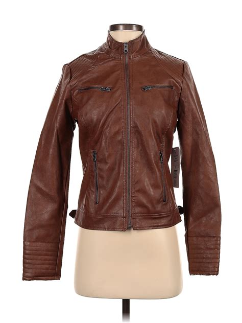 Maralyn And Me 100 Polyurethane Solid Brown Faux Leather Jacket Size S