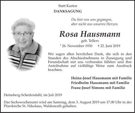 Traueranzeigen Von Rosa Hausmann Aachen Gedenkt