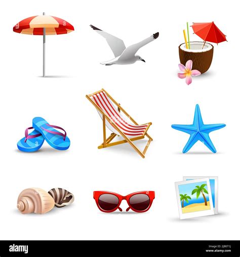 Realistic Summer Holidays Seaside Beach Icons Set Isolated Vector Illustration Stock Vector