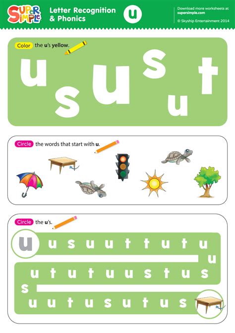 Letter Recognition & Phonics Worksheet - u (lowercase) - Super Simple