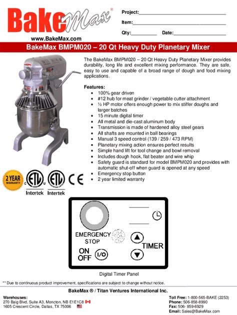 Fillable Online BakeMax BMPM02020 Qt Heavy Duty Planetary Mixer Fax