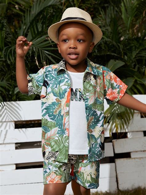 Shein Toddler Boys Drop Shoulder Tropical Print Shirt And Shorts In 2022