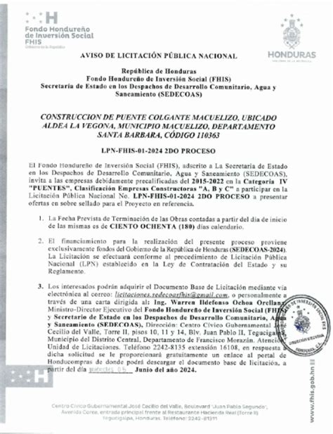 Aviso De Licitacion Publica Nacional Lpn Fhis Do Proceso