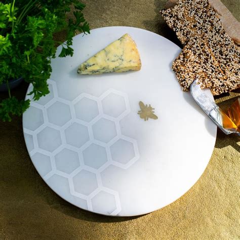 Laser Etched Round Marble Cheese Board With Brass Bee Culinary Concepts