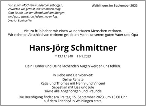 Traueranzeigen Von Hans J Rg Schmittner Zvw Trauer